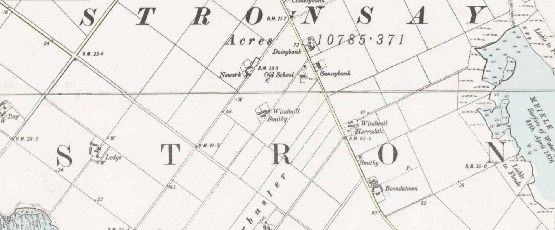 Close-up of the Victorian Ordnance Survey map of Stronsay. The centre of the sheet labels the Smiddy site as 'Windmill' and 'Smithy'.