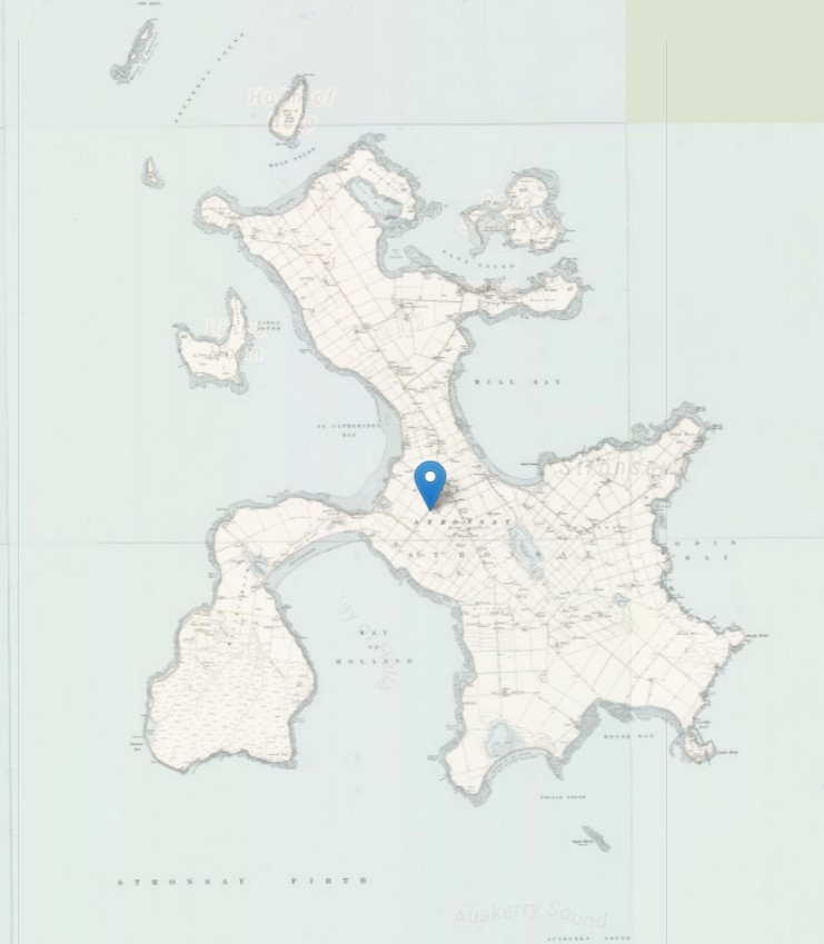 Victorian Ordnance Survey map of the whole of Stronsay island. A pin marks the location of Smiddy near the narrow waist of the island.